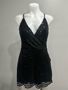Black Sequin Lace V-Neck romper alpha & omega
